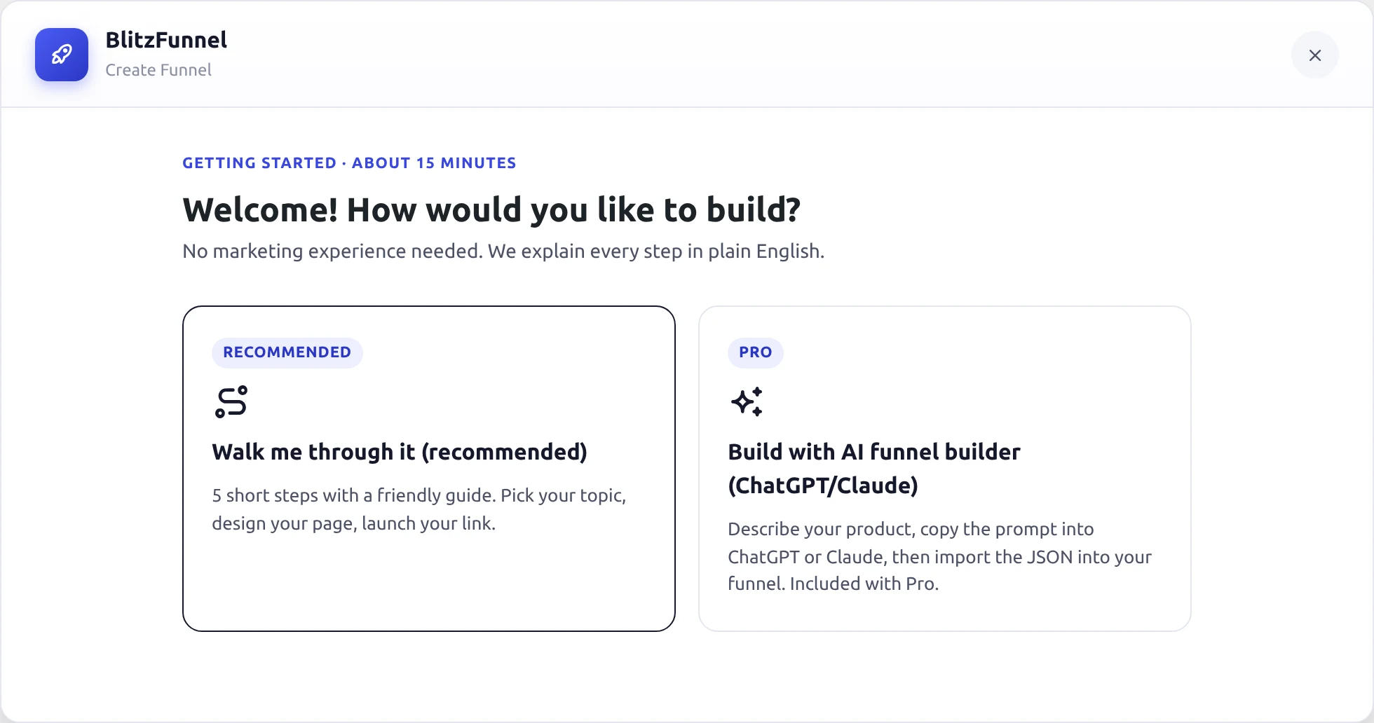 Choose Guided setup or AI Funnel Builder