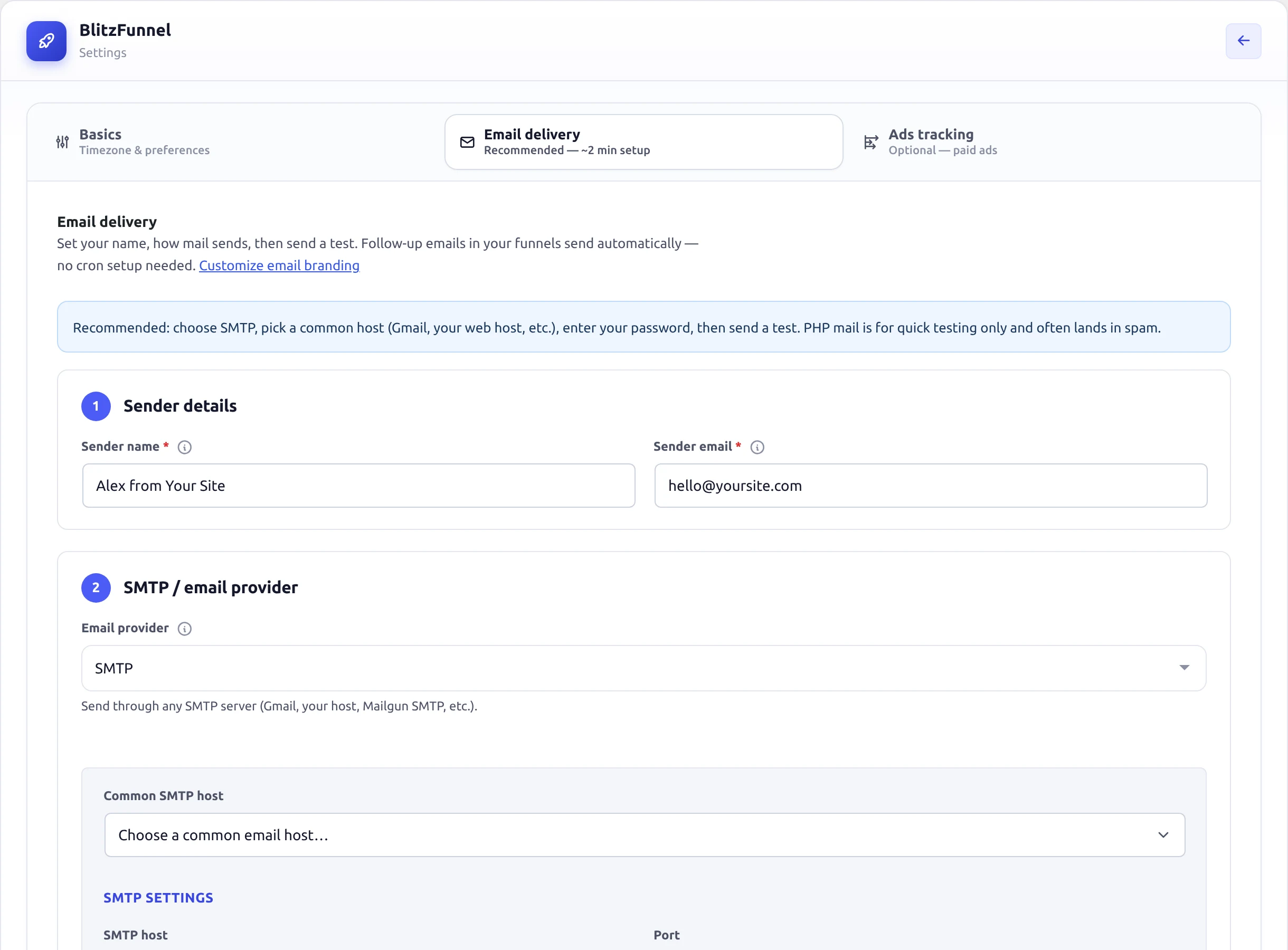 Email delivery settings
