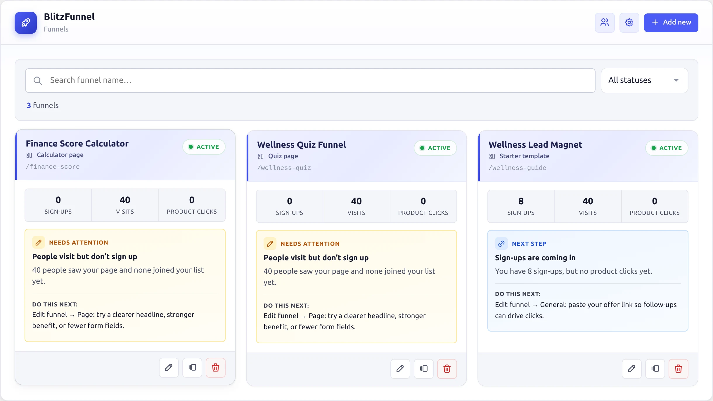 BlitzFunnel Funnels dashboard