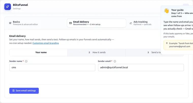 Email delivery sender name and email fields