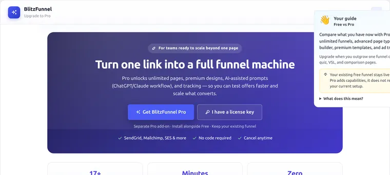 Upgrade to Pro screen in free plugin
