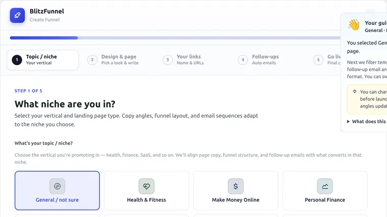 Wizard step 1 niche and page type picker