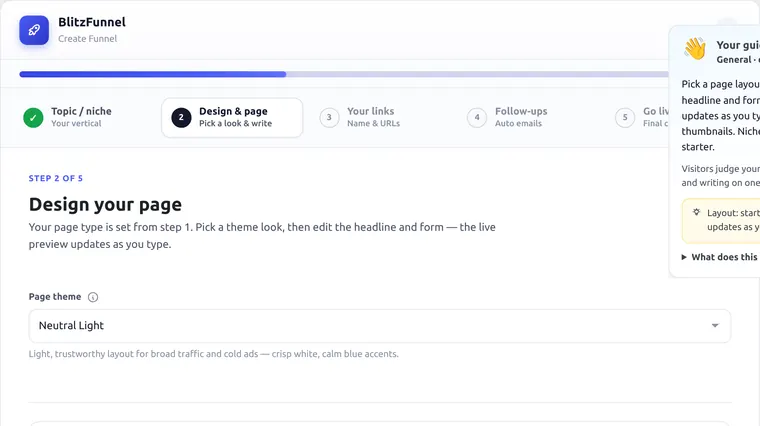 Wizard step 2 design and landing page editor