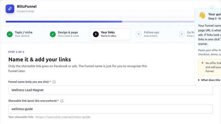 Wizard step 3 funnel name, slug, and offer link