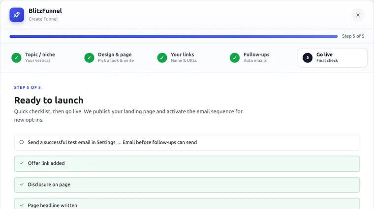 Wizard step 5 launch checklist