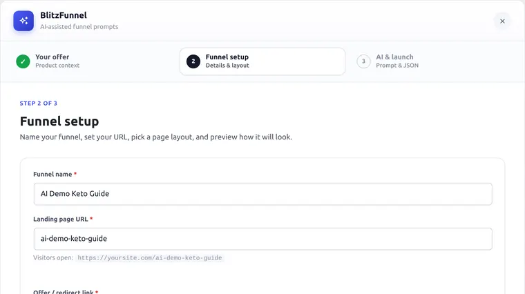AI builder step 2 funnel setup