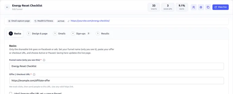Funnel editor Basics tab