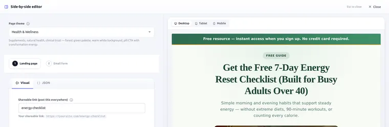 Funnel editor Design tab with live preview