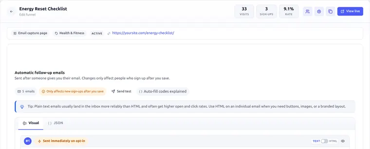 Funnel email sequence editor