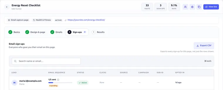 Per-funnel sign-ups with email progress
