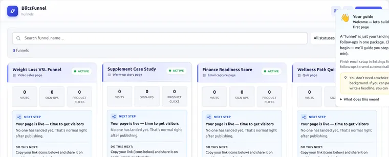 BlitzFunnel funnels dashboard with stats and tips