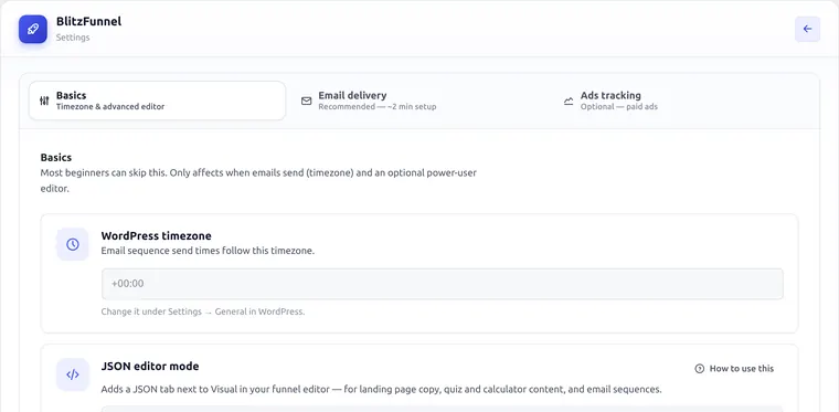 Settings Basics tab with JSON editor enabled