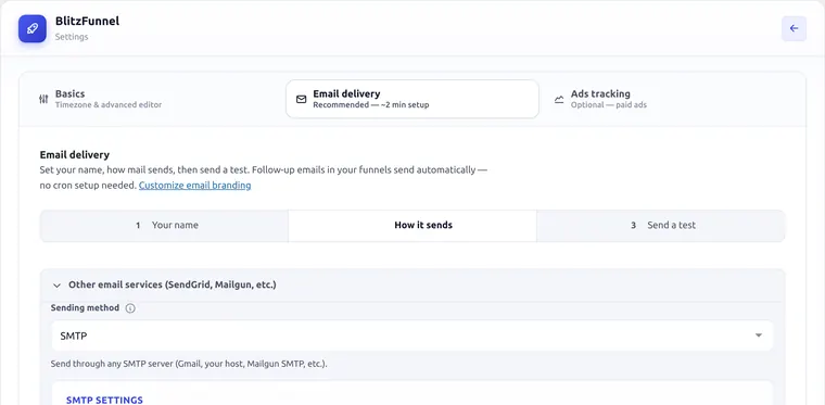 Email provider list with API options expanded