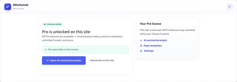 BlitzFunnel Pro License page with active license