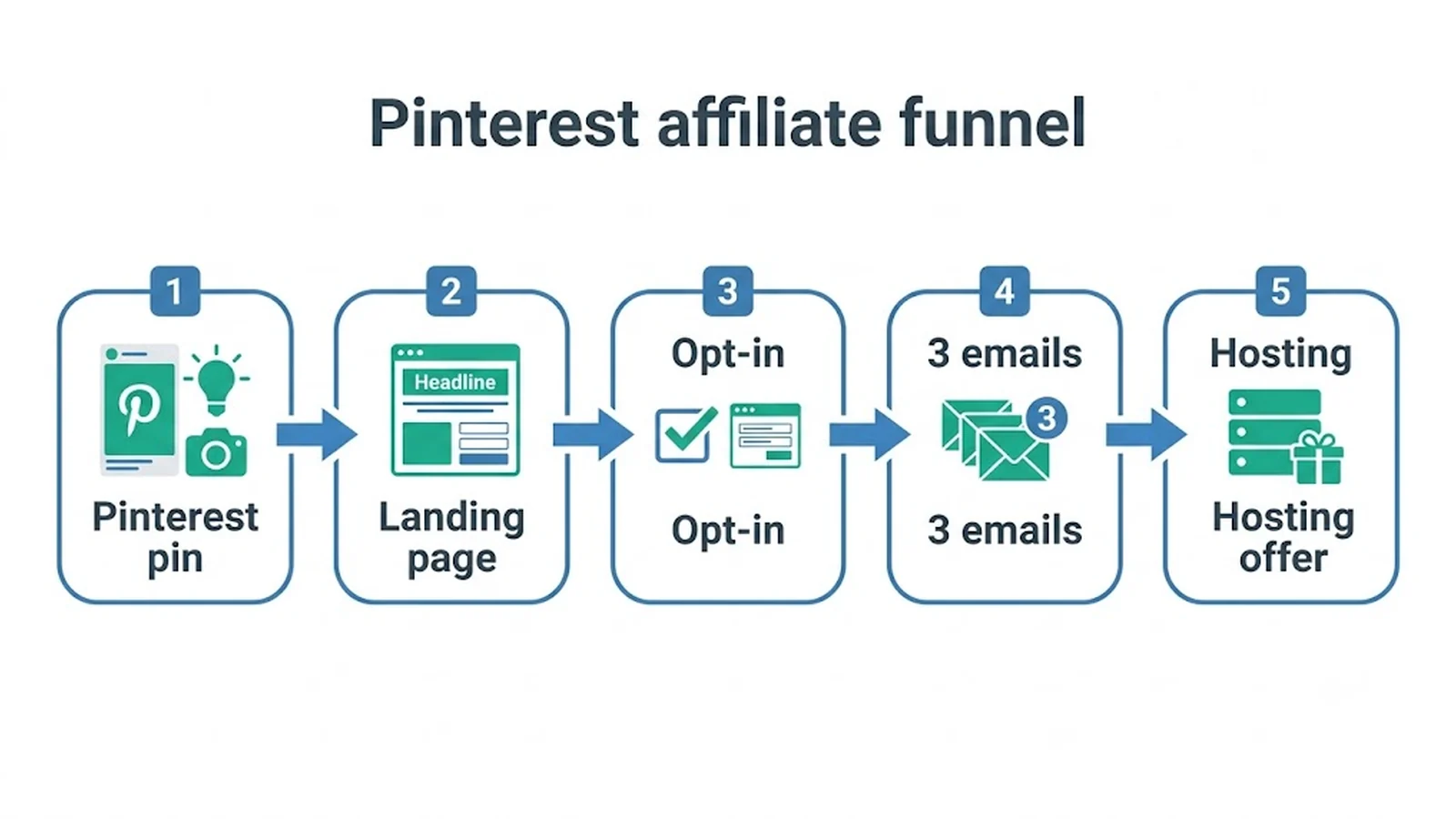 Pinterest affiliate funnel Pinterest pin , Landing page , Opt-in , 3 emails , Hosting offer