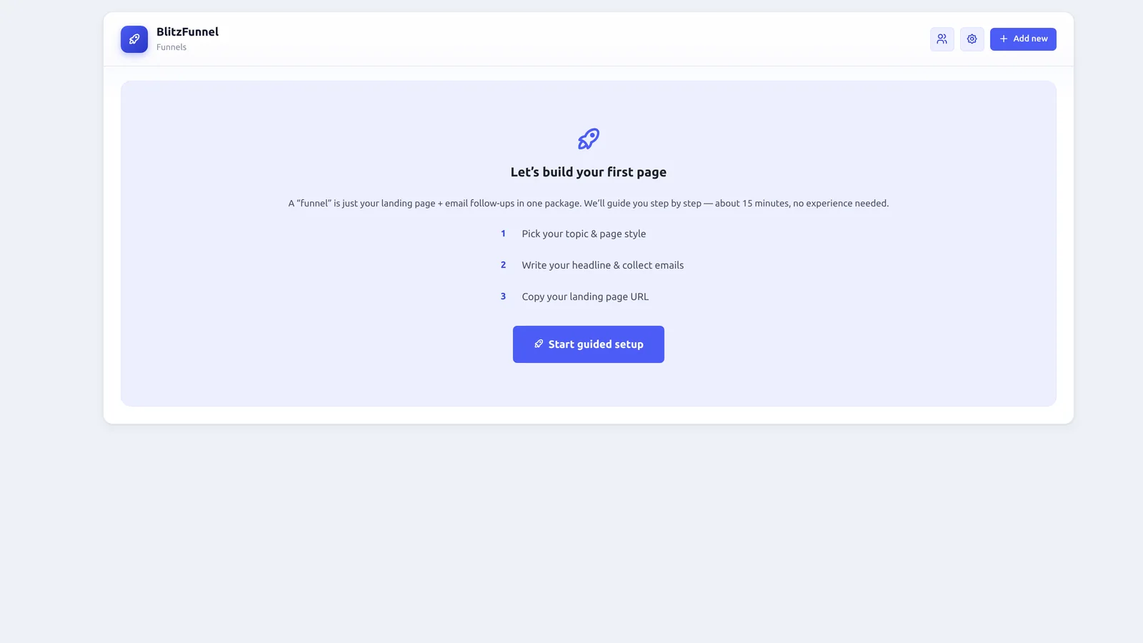 BlitzFunnel Funnels screen with the Add new button