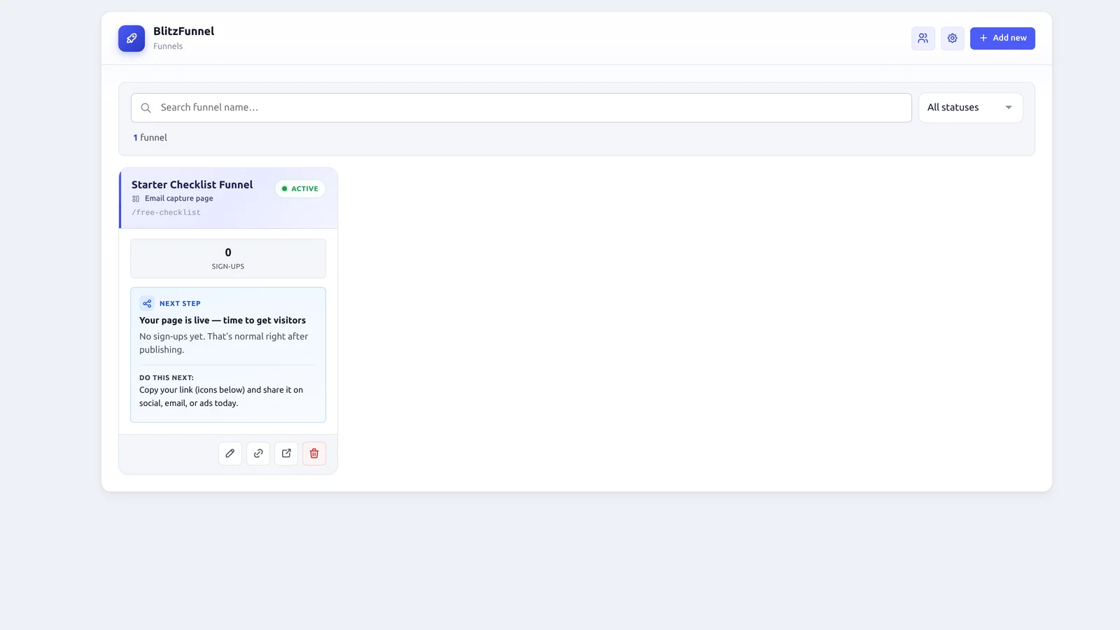 BlitzFunnel dashboard showing funnel visits and sign-up counts