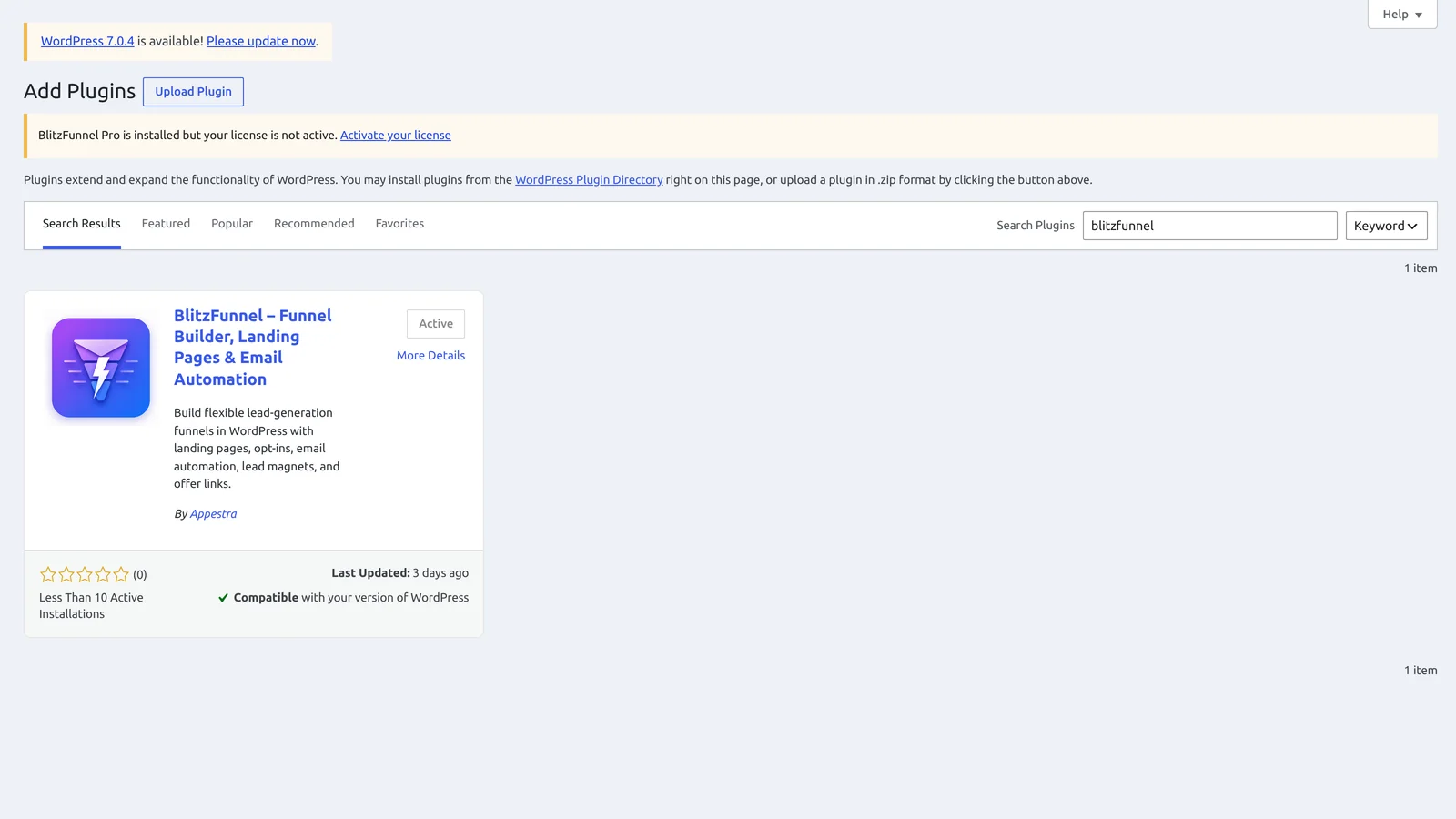 Installing BlitzFunnel from the WordPress Plugins screen