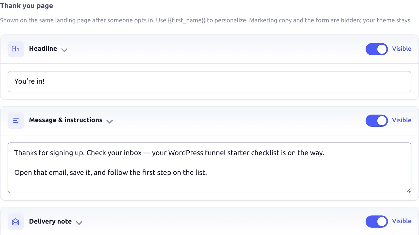 BlitzFunnel Thank you page tab with headline, message, and delivery note filled in