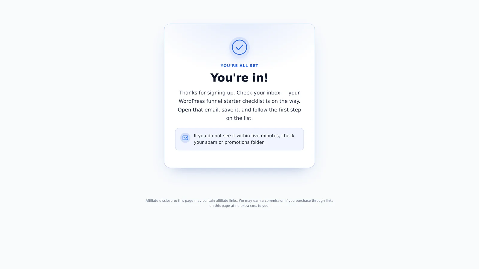 Live WordPress funnel thank-you message shown after form submit