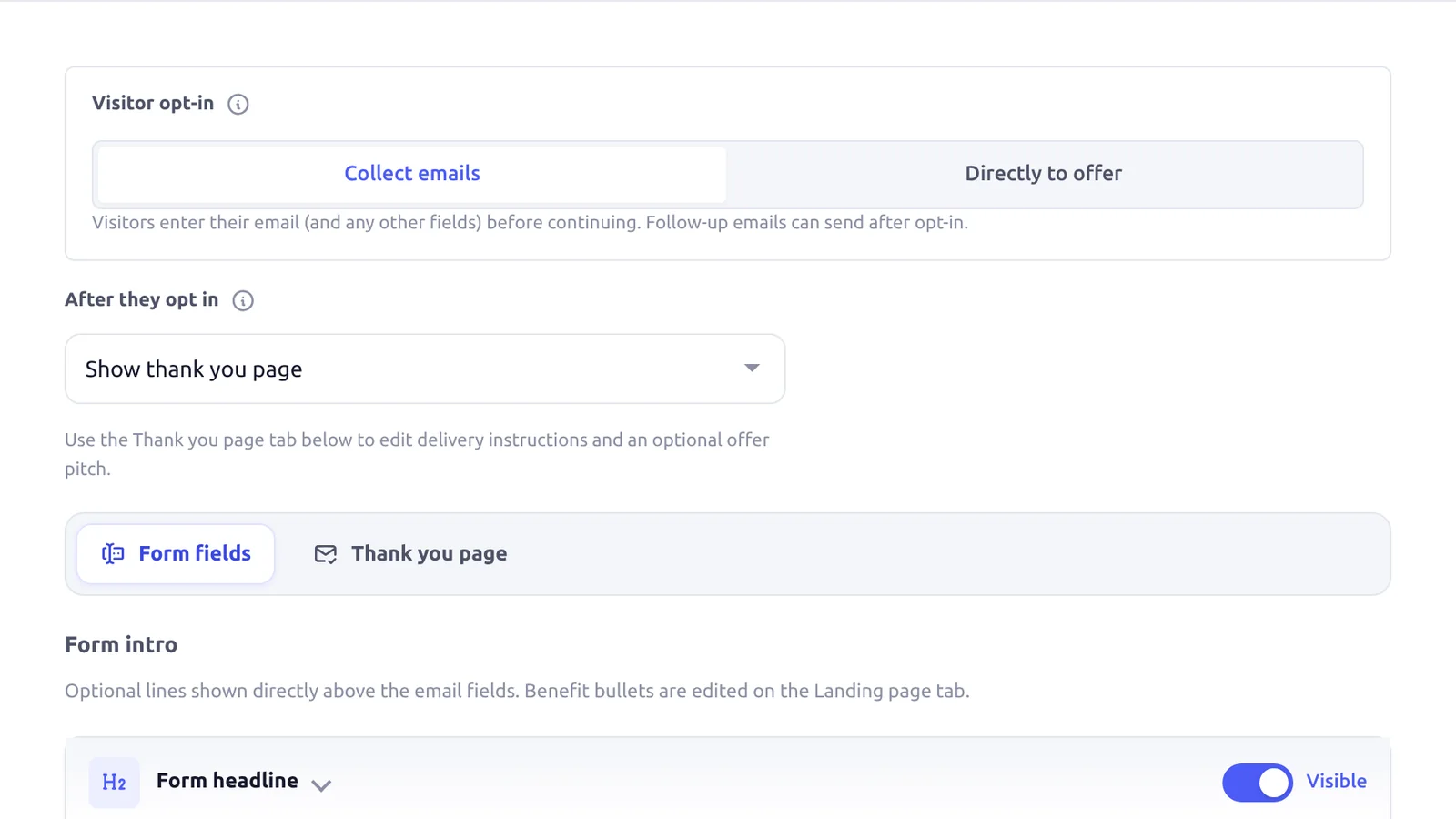 BlitzFunnel After they opt in dropdown set to Show thank you page