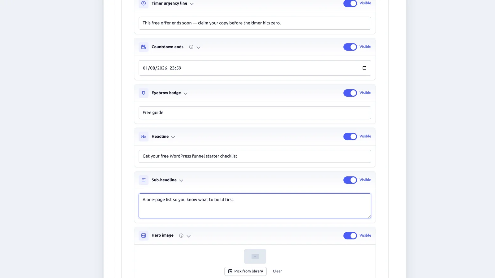BlitzFunnel design step showing headline and sub-headline fields filled in