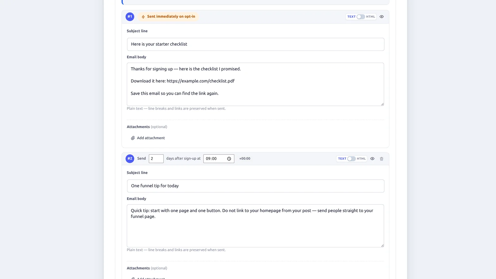 BlitzFunnel wizard step 4 , automatic follow-up email sequence with Email 1 subject and body filled in