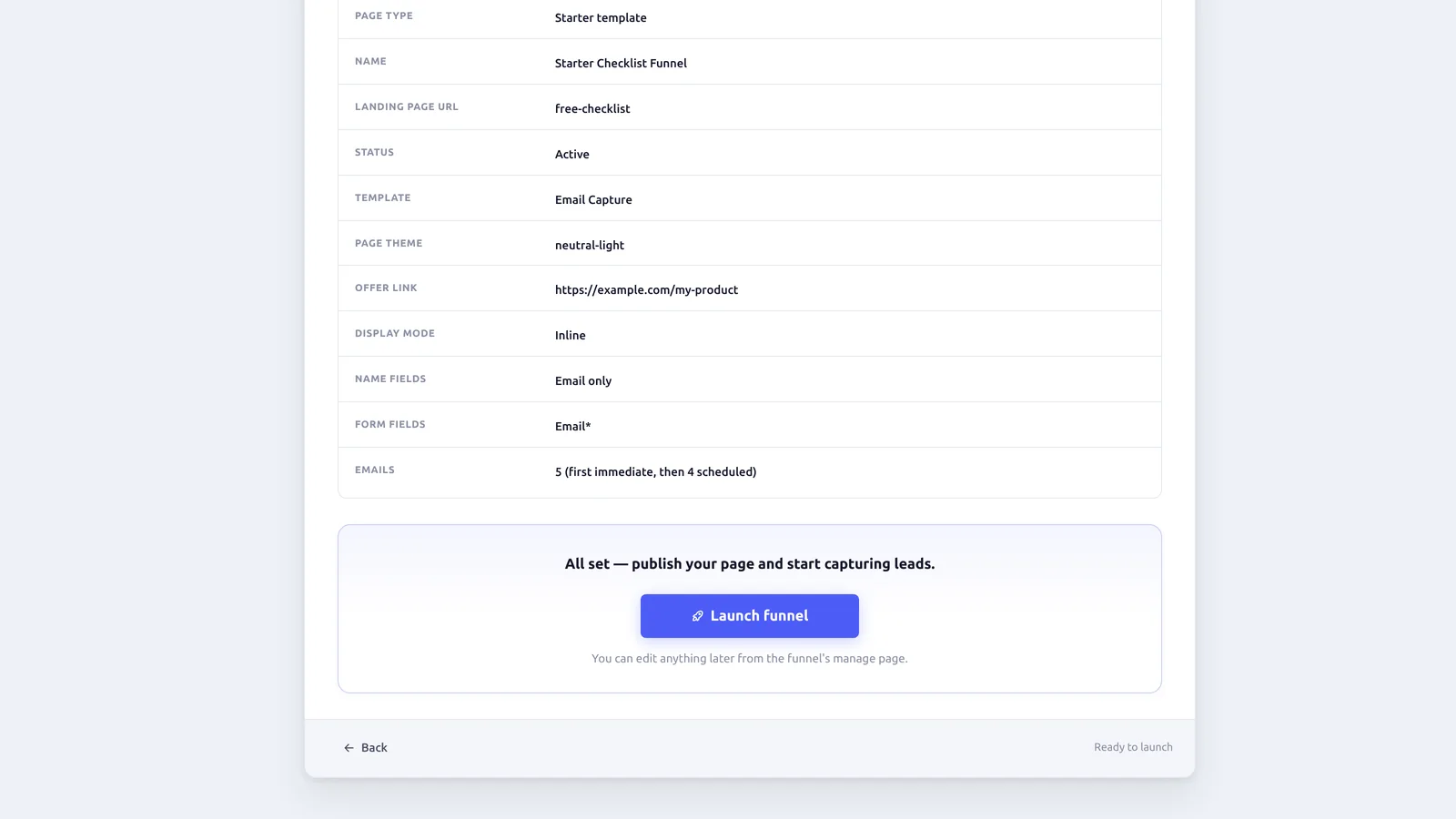 BlitzFunnel launch step with the Launch funnel button