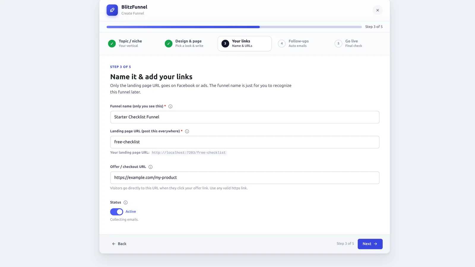 BlitzFunnel Your links step with funnel name, page URL, and offer URL filled in