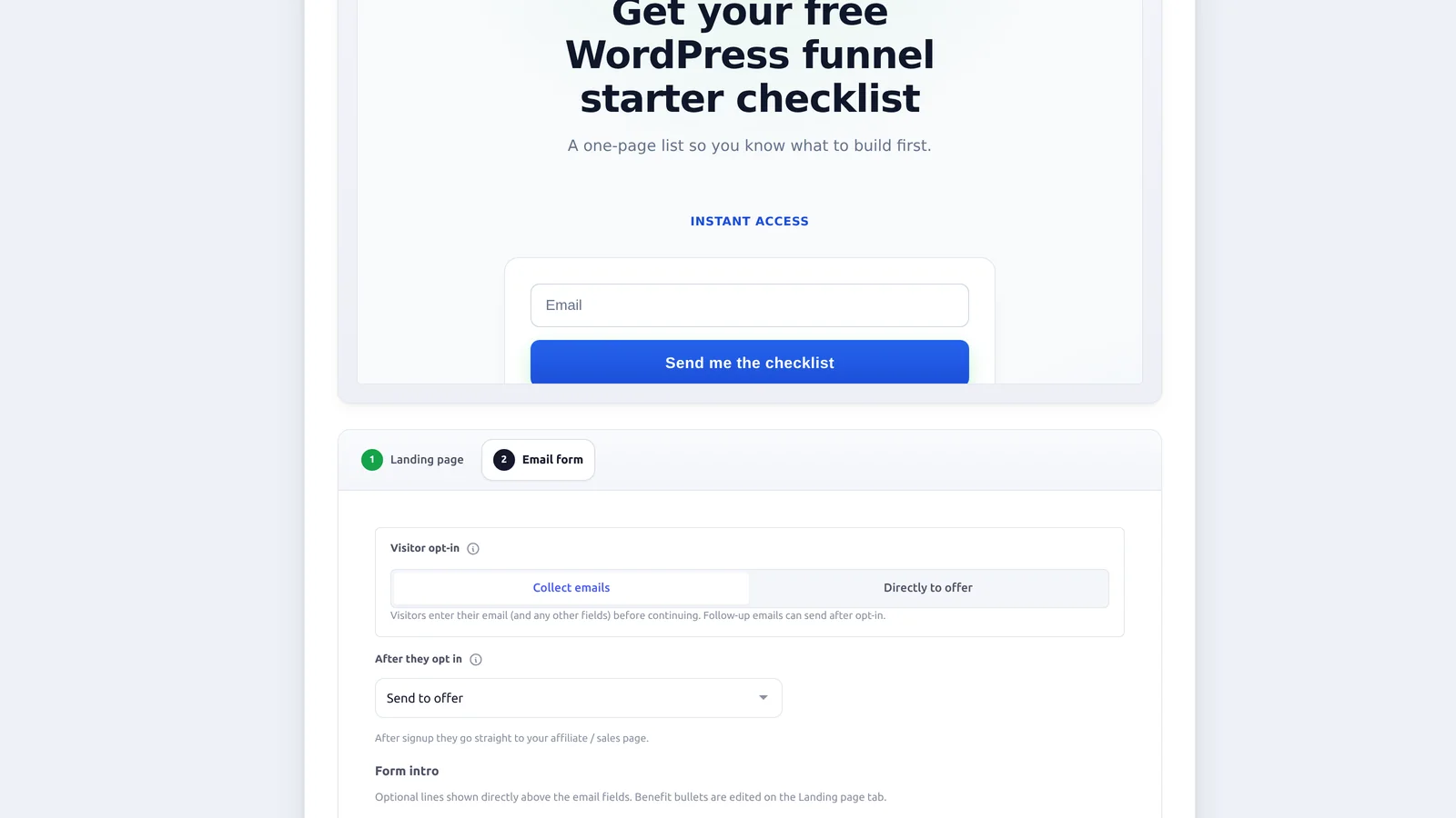 BlitzFunnel Email form tab with Collect emails selected and one email field
