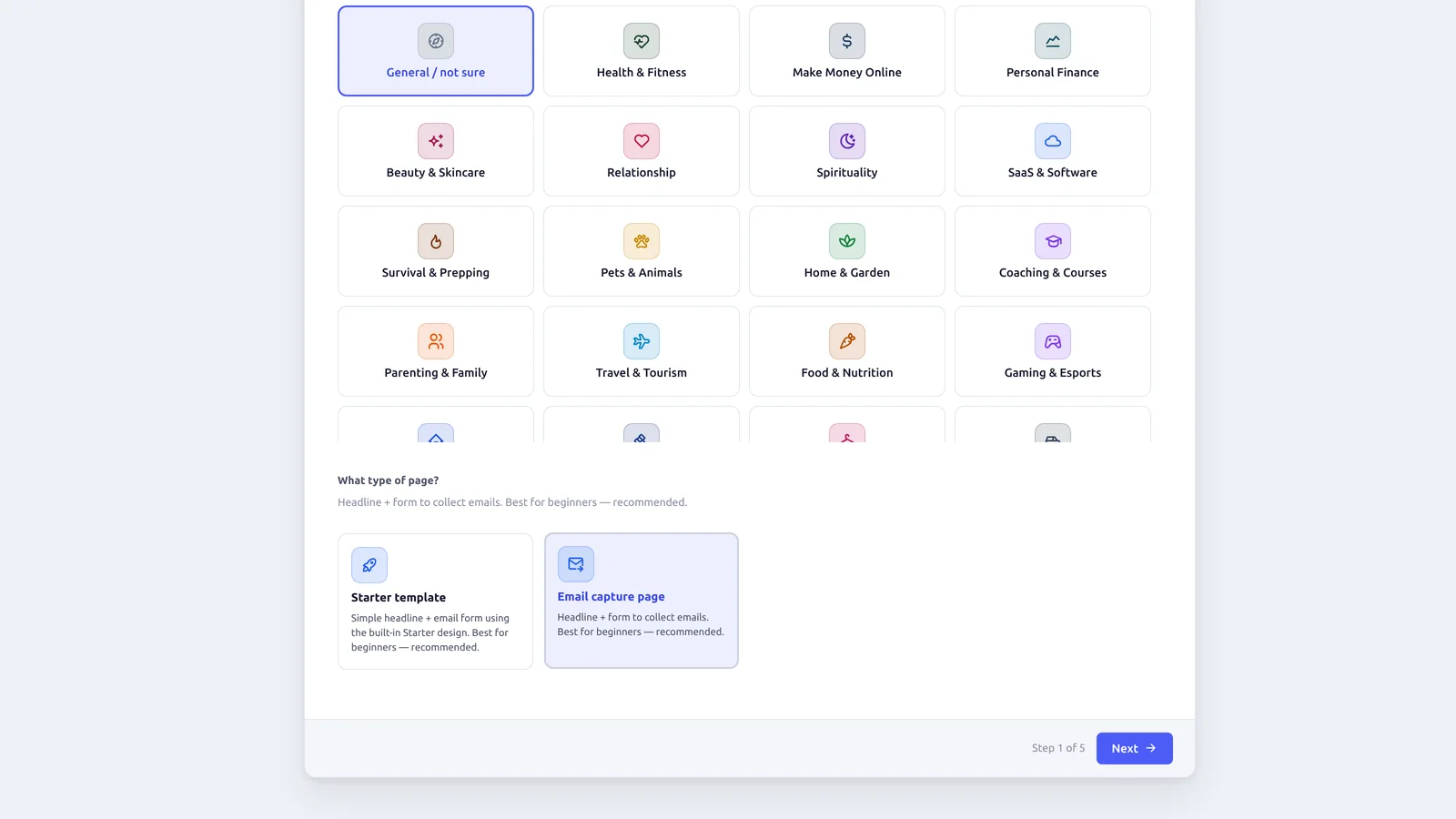 BlitzFunnel wizard step 1 with Email capture page selected