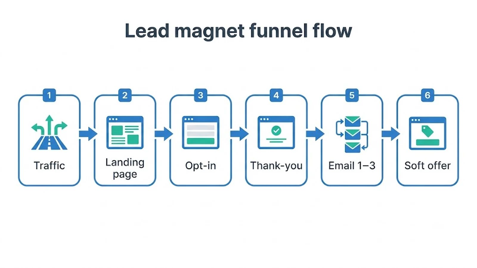Lead magnet funnel flow Traffic , Landing page , Opt-in , Thank-you , Email 1–3 , Soft offer