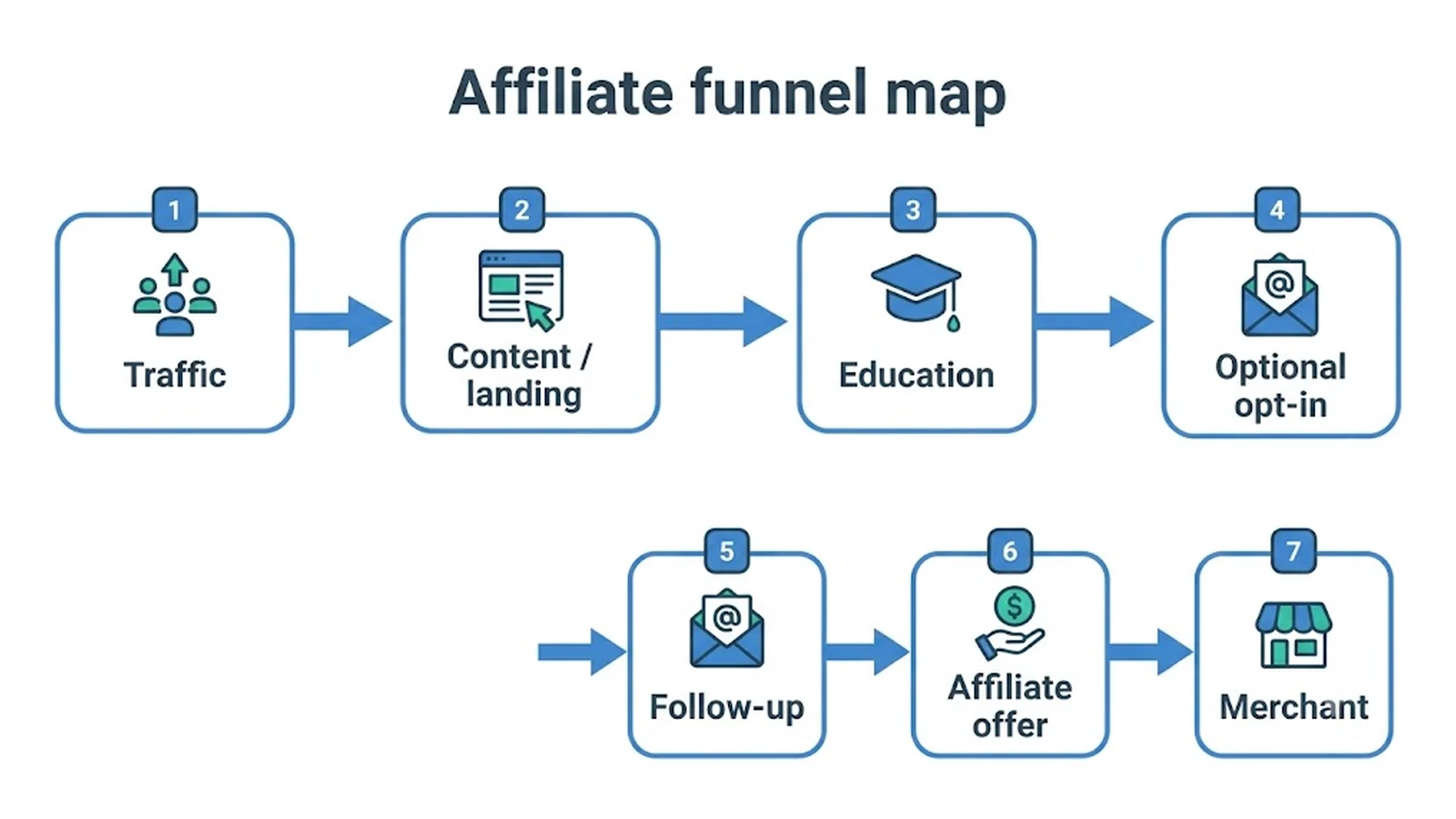 Affiliate funnel map Traffic , Content / landing , Education , Optional opt-in , Follow-up , Affiliate offer